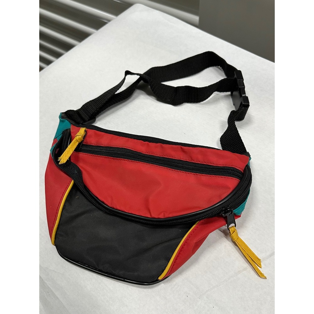 Vintage Jordache Colorblock Fanny Pack Red Black Teal Waist Bag Adjustable Strap